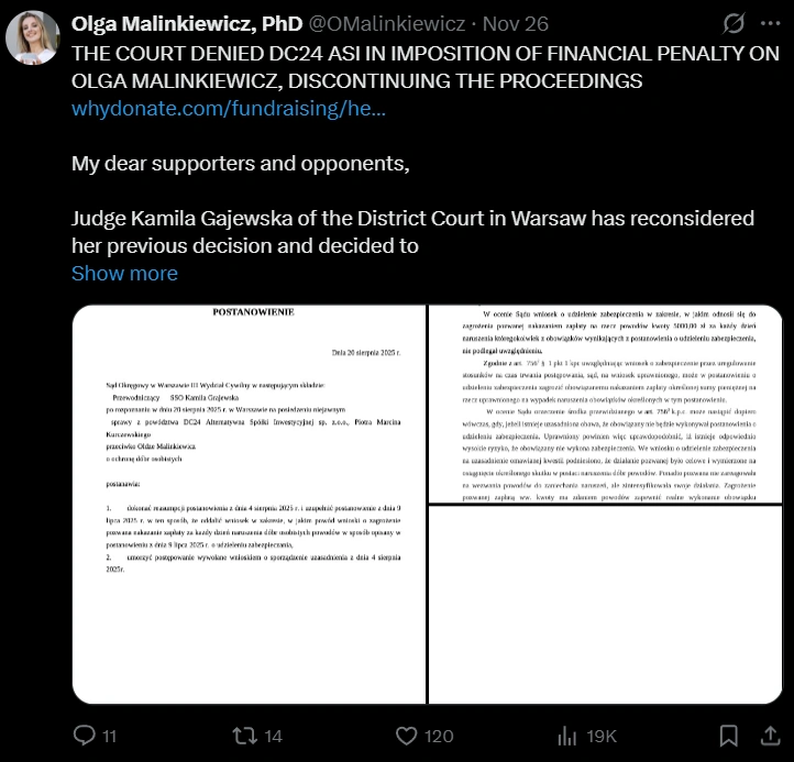 Olga Malinkiewicz wygrywa bitwę, ale wojna o miliony trwa